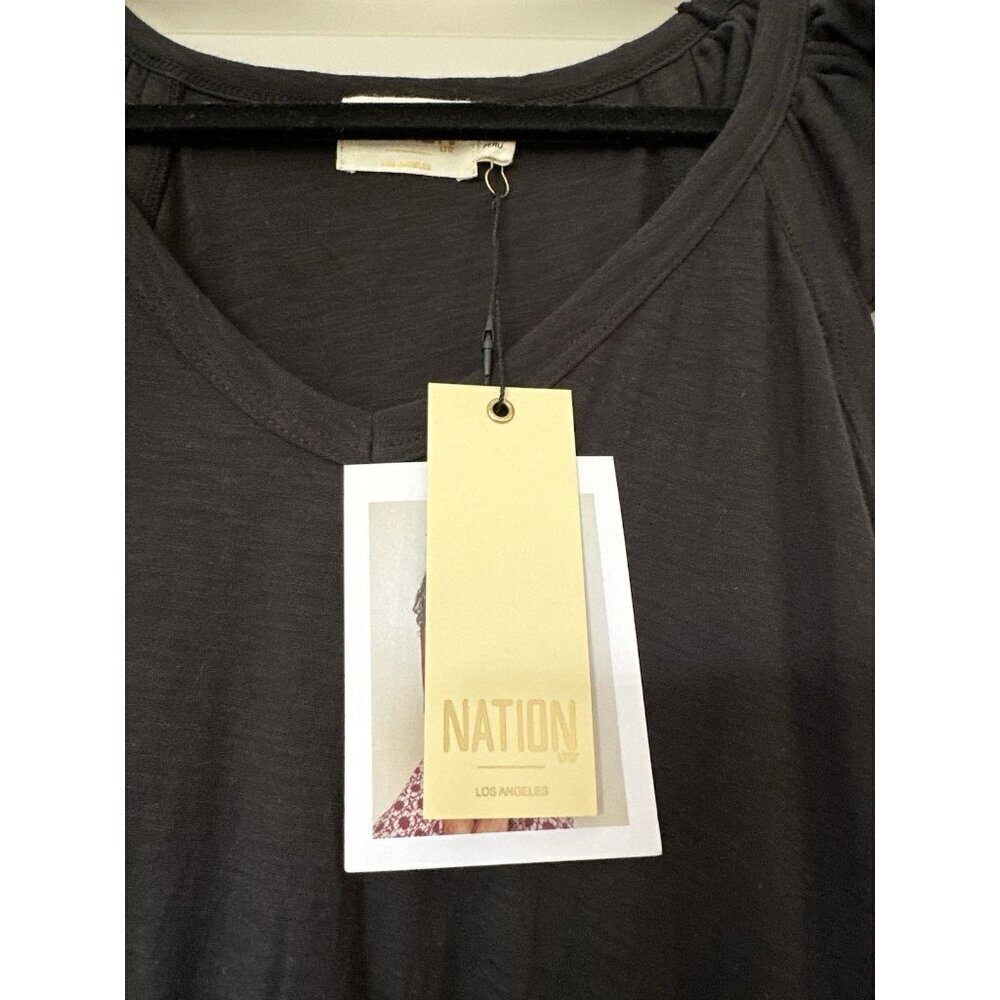 Nation LTD NWT Black Midi Dress Smocked Cap Sleeve V Neck Black Size Medium - Picture 2 of 8